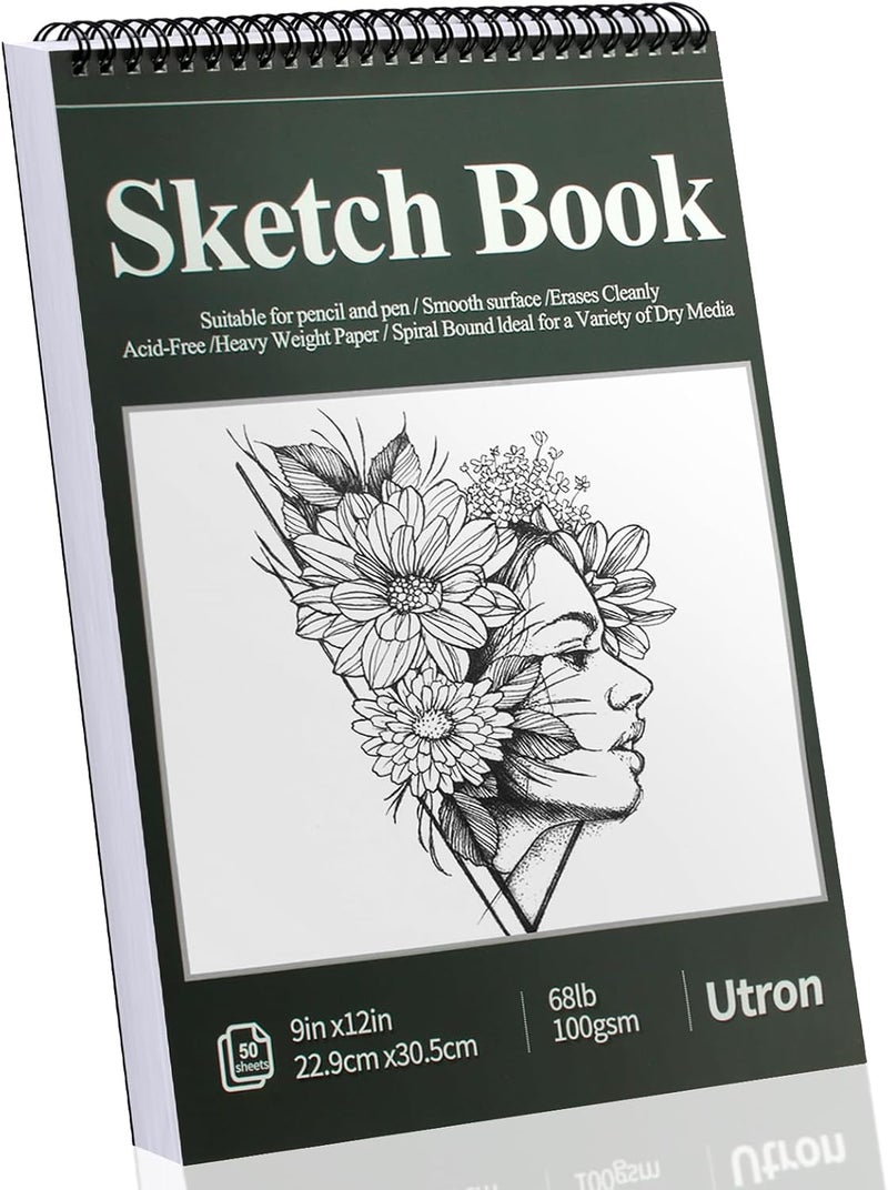 Utron 9"x12" Sketchbook Drawing, Top Spiral Sketching Pad, 100GSM/68LB Acid Free Art Sketching Pad, Drawing Paper, Beginner Artist (50 Sheets, White) - Image 1